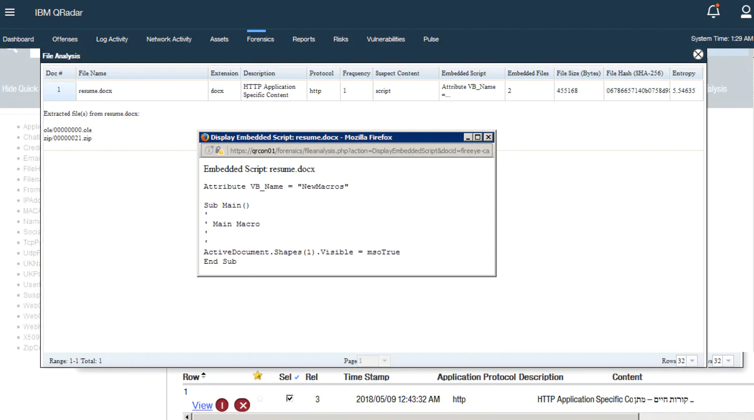 screenshot of IBM QRadar Incident Forensics